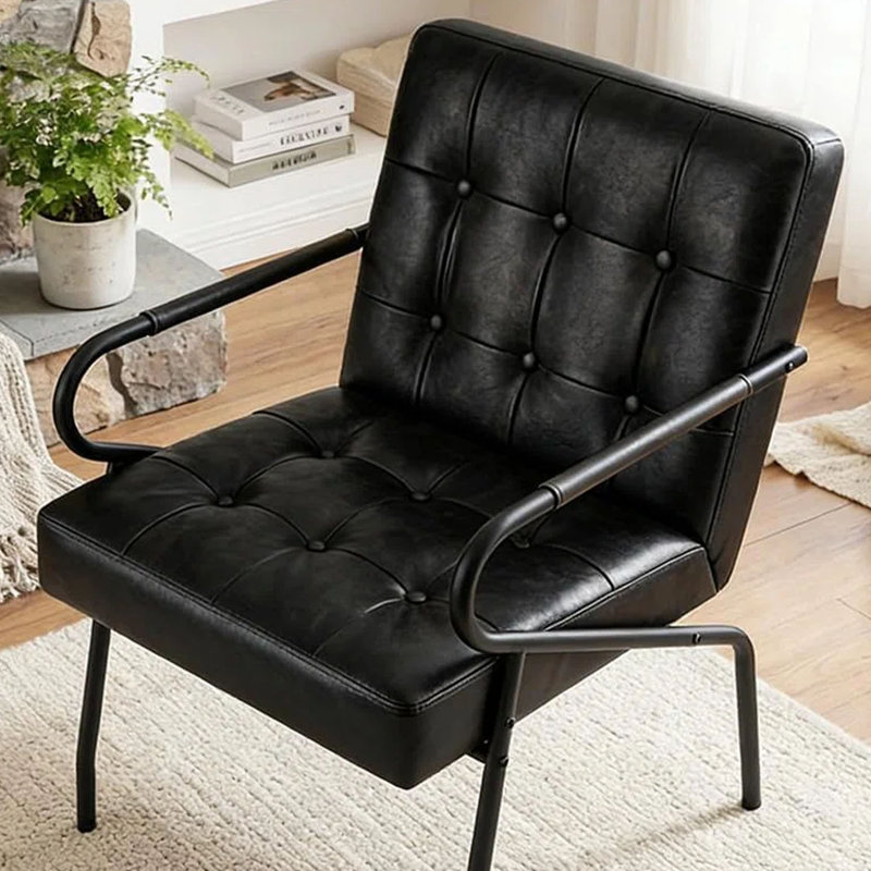 21.3 Wide  Mid-Century Modern Upholstered Leather Accent Chair  Tufted Metal Frame Lounge Armchair with Thick Cushion, Black
