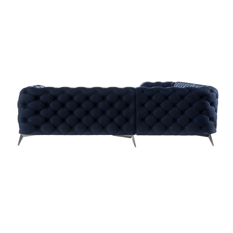 Chesterfield Corner Sofa L-Shape  with Silver Metal Legs, Navy Blue