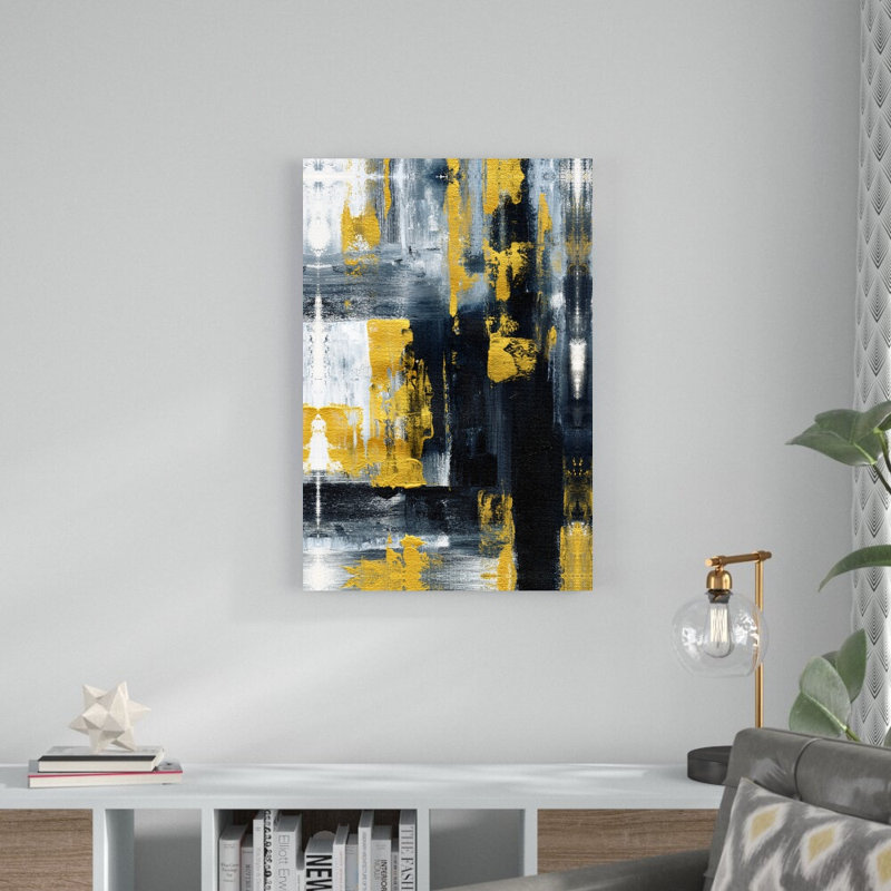 Peinture abstraite or et noir et blanc - peinture sur toile tendue, H 36 po x l 24 po