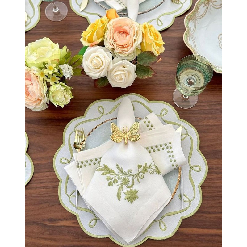 Ribbon Twirl Cotton Blend Scalloped Placemats, Willow