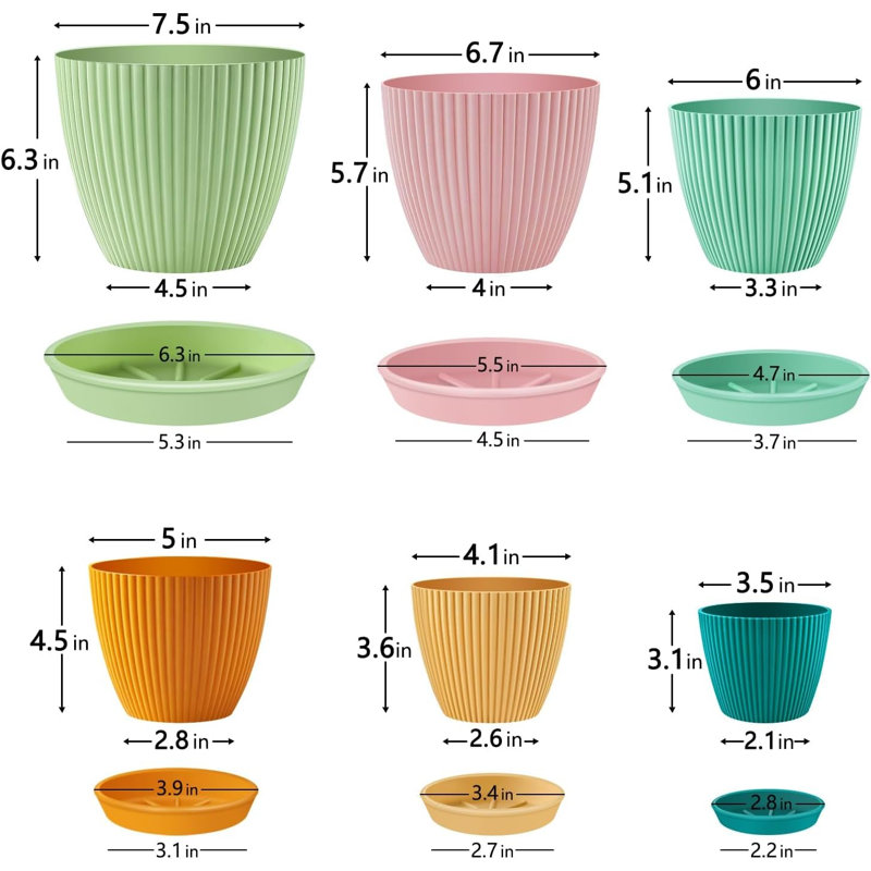Ensemble de 6 pots à fleurs en plastique avec pots à fleurs 7,5 / 6,7 / 6/5/4 / 3,5 pouces