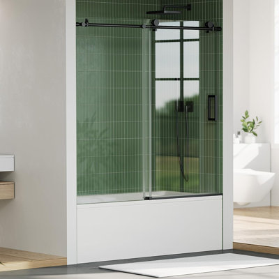 Frameless Sliding Shower Door 56-60 inch W×76 inch H, Stainless Steel Round Rail with 55 Rollers, 8mm Tempered Glass, One Fixed One Sliding Door, Brushed Nickel Finish for Modern Bathroom