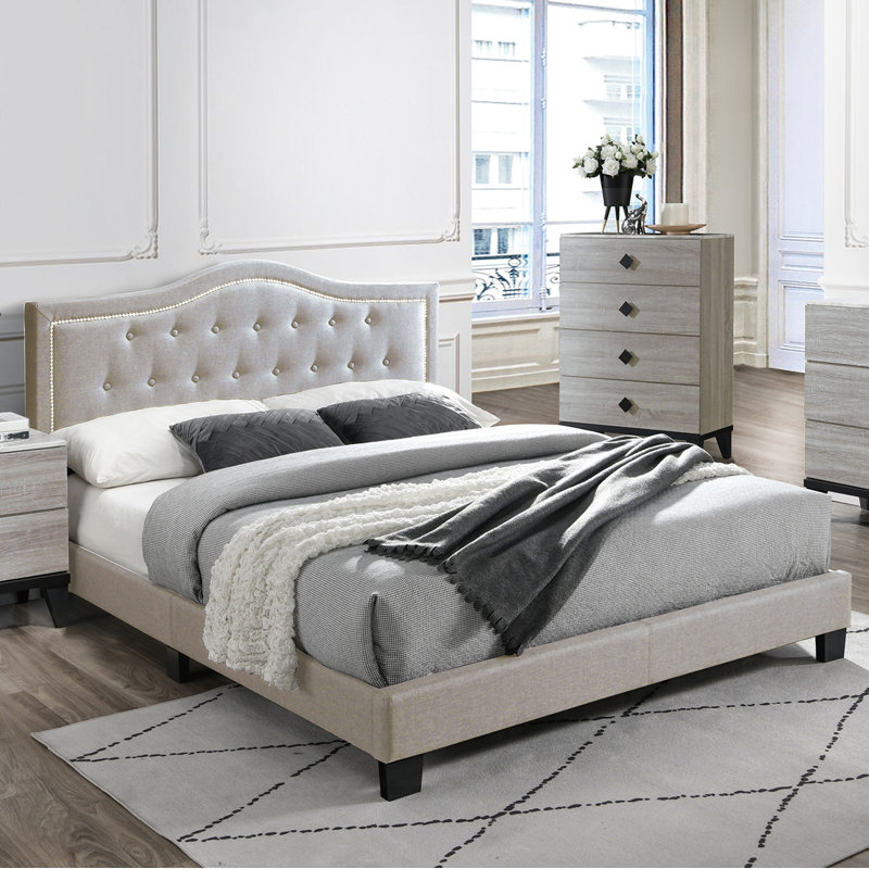 Light Brown Queen Linen Upholstered Bed with Tufted Headboard