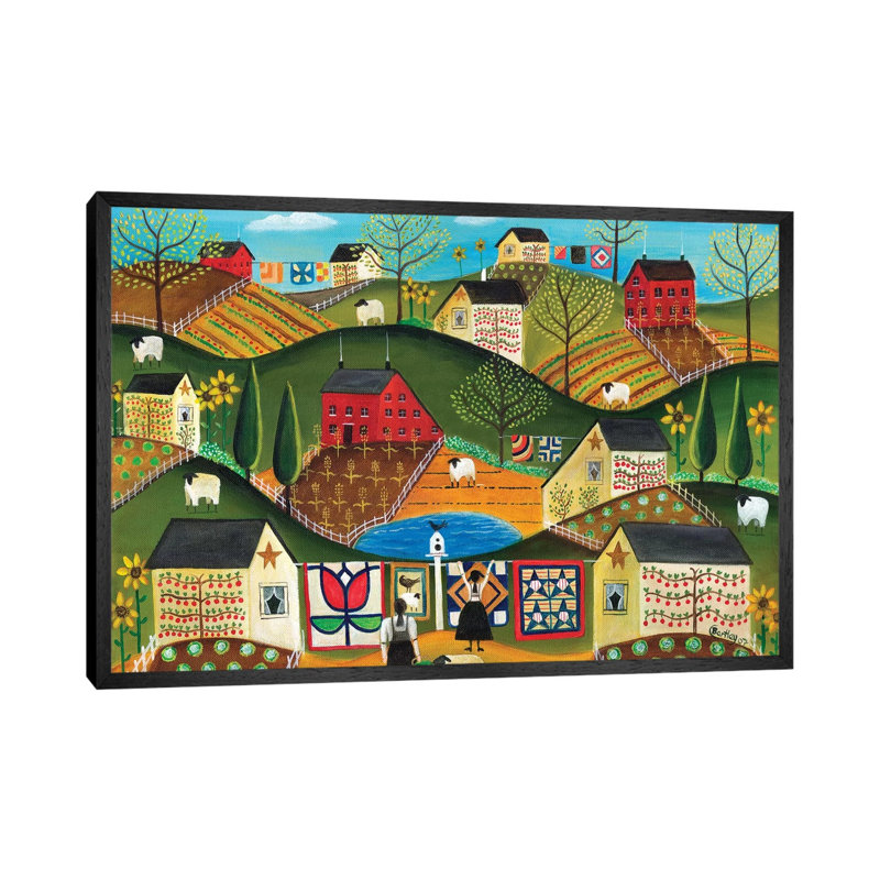Country Garden Folk Art Quilts by Cheryl Bartley - Painting on Canvas, Black Framed, 45.72cm H x 66.04cm W x 3.81cm D