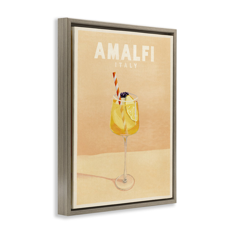 Art mural sur toile Amalfi Italie avec cocktail flottant par The Whiskey Ginger, Encadrement brun, H 21 po x l 17 po