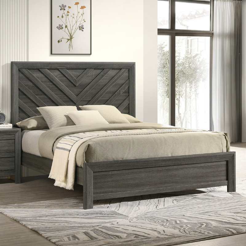 1pièce lit double taille rustique gris en bois meubles de chambre à coucher motif géométrique à motif de chevrons, Lit double
