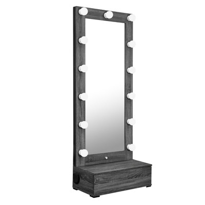Floor Length Grey Mirror With Drawer, Led And Speakers, Solid Wood+ Construction, Ideal For Small Yoga Spaces Wood+, Perfect Saunas