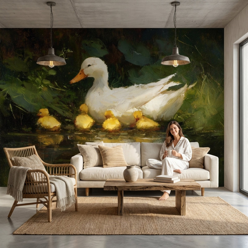 Ducklings Nature Wallpaper Greenery Pond Wall Mural, Textured Non-Pasted, 160"x108"