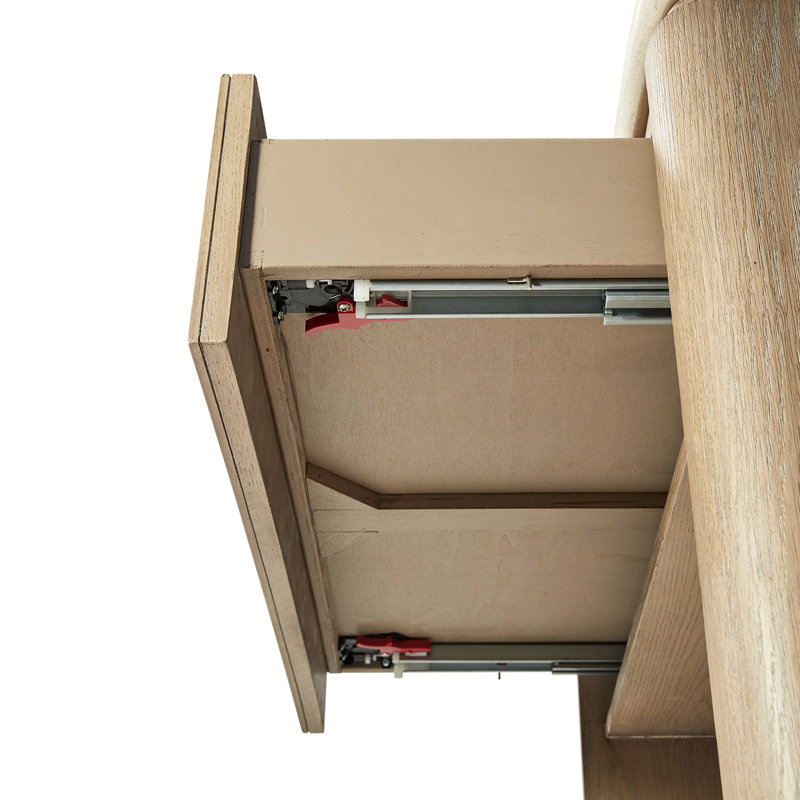 Table de chevet avec deux tiroirs, placage de chêne, plateau en pierre beige lisse, tablette ouverte pour les décorations, fond doublé de feutre, dispositifs de charge intégrés, bois massif à fermeture en douceur +, profondeur de 16,87 po,