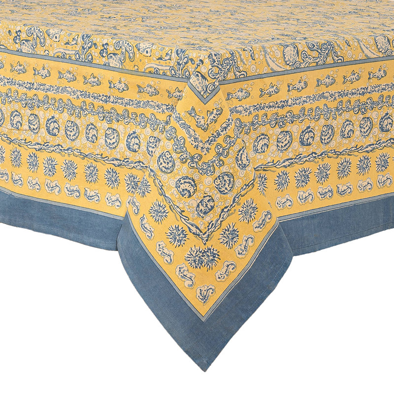 La Mer Handmade Floral Tablecloth, 71" Square, Yellow/Blue