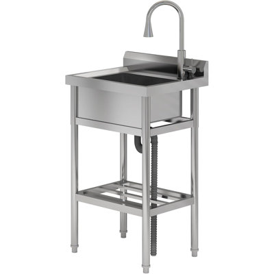 Stainless Steel Utility Sink, Free Standing Single Bowl Kitchen Sink with Cold & Hot Water Faucet, Washing Hand Basin for Laundry Room Farmhouse Indoor and Outdoor Sink
