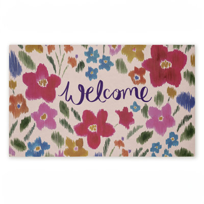 Welcome Ikat Flowers Printed Outdoor Door Mat, design by Heather McLaughlin, 18"x30"