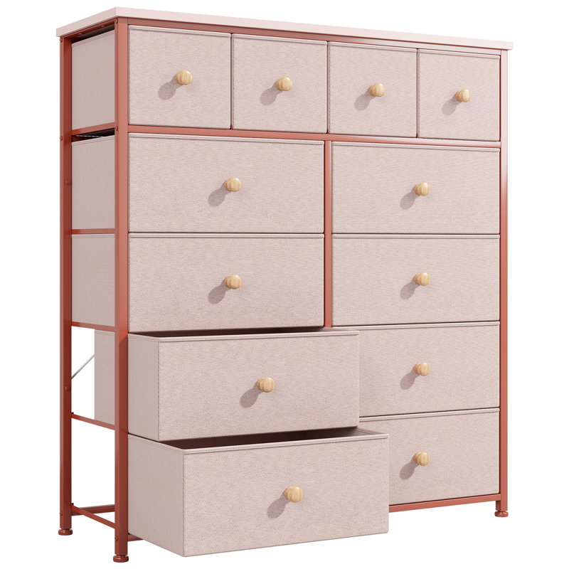 Pekka Dresser for Bedroom with 12 Spacious Storage Drawers, Dressers with Wooden Top and Metal Frame, Pink