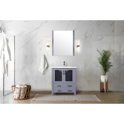 Dark Grey 30 In. Bathroom Vanity Unit With White Ceramic Top, Single - Hole Faucet, And 28 Wall Hung Mirror Wide 18.25 D, Stainless Steel