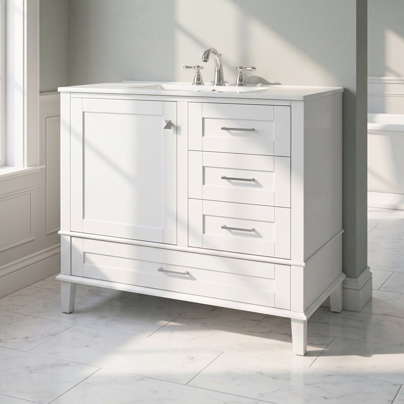 Meuble-lavabo simple Quill de 91 cm (36 po) en blanc éclatant avec comptoir en céramique blanche, portes de style Shaker et rangement à fermeture amortie