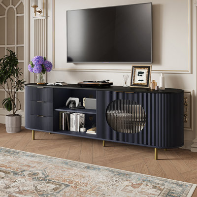 Meuble télé, console média cannelée avec plateau en faux marbre
