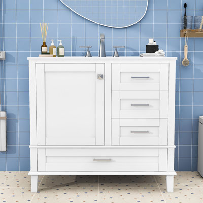 Meuble-lavabo de salle de bain avec portes à fermeture en douceur, cuve à débordement et rangement polyvalent