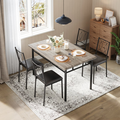 Space-Saving Farmhouse Dining Table Set for 4,Sturdy Wood Table & 4-Upholstered Chairs,for Apartments & Small Kitchens – Modern Grey Finish