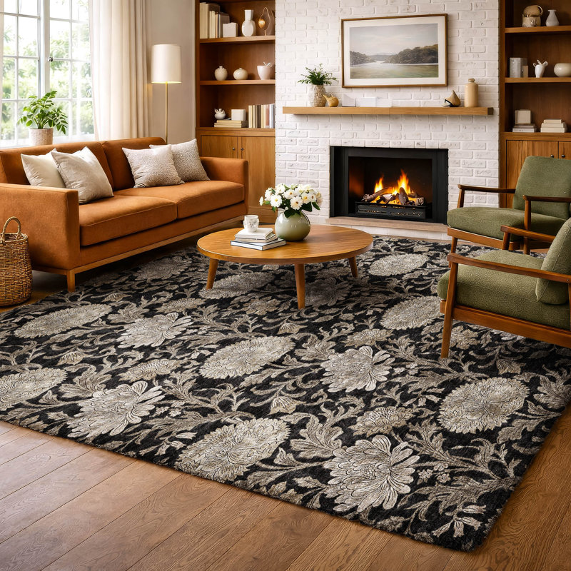 Tapis floral à poils longs lavable à la machine, Noir, 9 pi x 12 pi