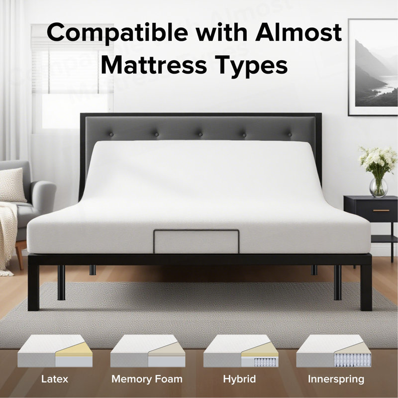 Adjustable Bed Frame With Massage Head & Foot Incline Queen Size Wireless Remote, Two Types Of USB Ports: Type-A And Type-C, LED Night Light, 4 Height-Adjustable Legs Easy Assembly