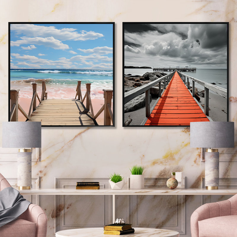 Beach Pier Perspect - ensemble de 2 pièces de collage nautiques et carrés de plage, Cadre flottant noir, H 16 po x l 33 po