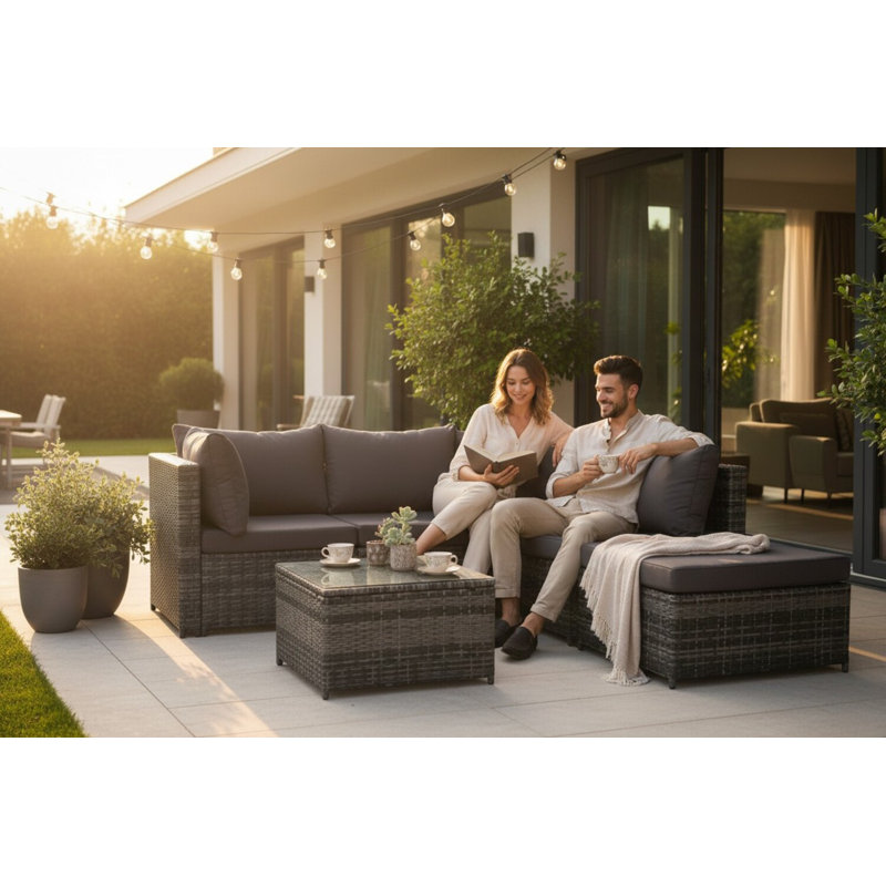Hampus 3 Seater Grey Rattan Garden Outdoor Conversation Sets Set With Large Stool And Coffee Table