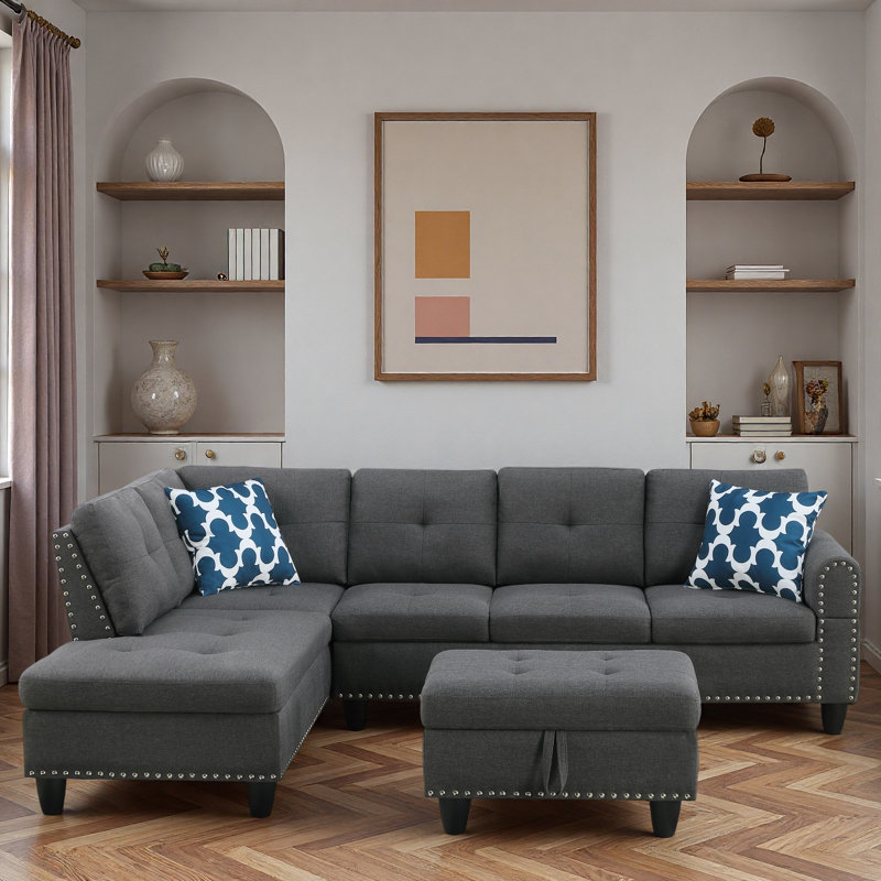 Linen Fabric L - Shaped Sectional Sofa With Nailhead Trim And Cup Holders And Storage Ottoman, Dark Gray