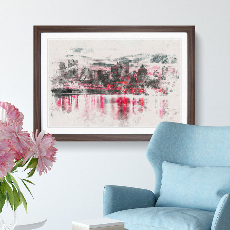 The Montreal Canada Skyline - Picture Frame Painting Print, 24cm H x 33cm W x 2cm D, Walnut Framed