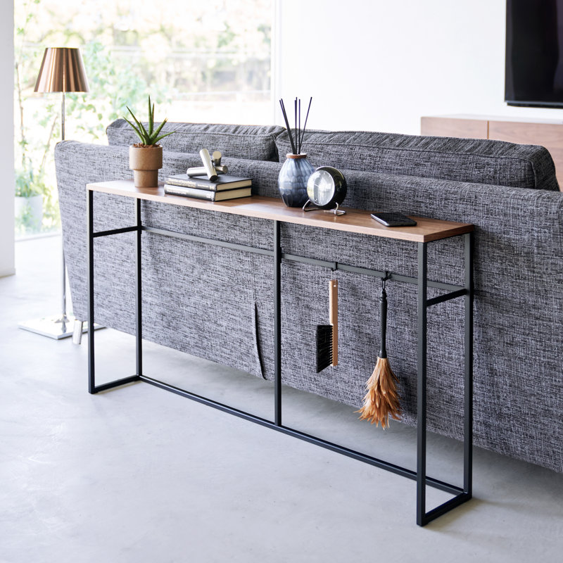 Slim Black Metal and Wood Console Table with Storage Hooks