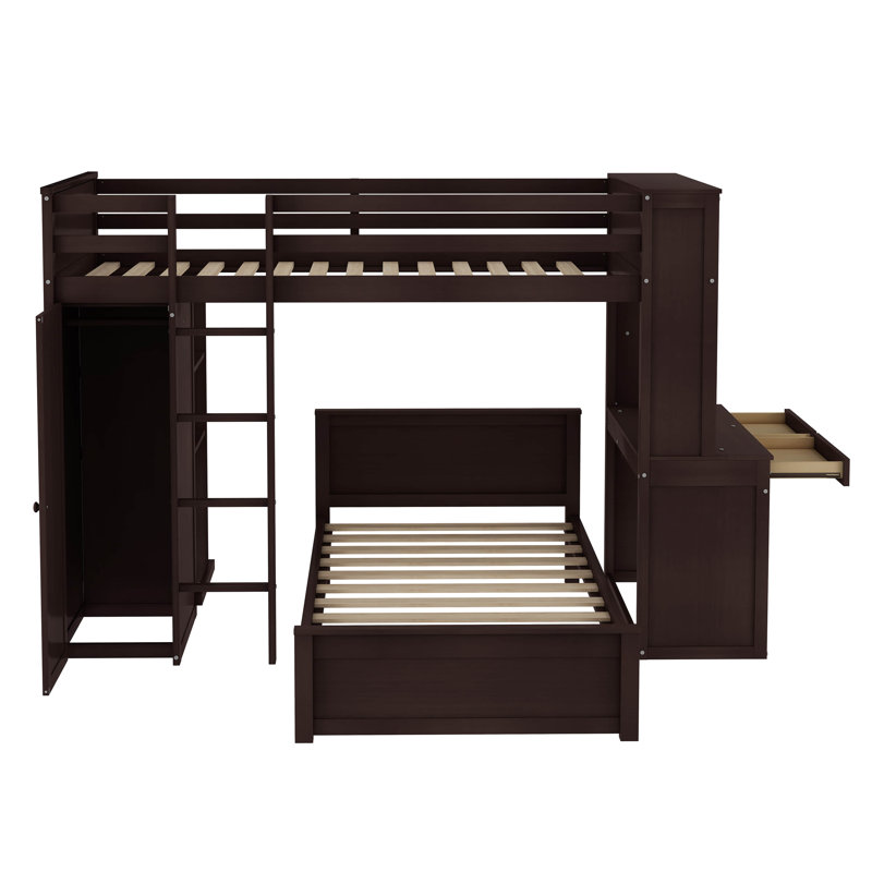 Lit superposé avec lit autonome, tablettes, bureau et garde-robe, Lit simple, Espresso