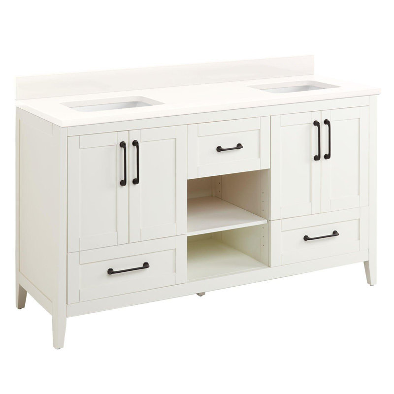 Burfield 61" Double Bathroom Vanity Set with Rectangular Undermount Sink, Arctic White Quartz, Natural Bamboo, No Faucet Hole