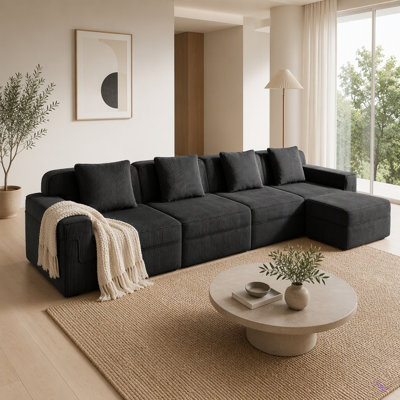 Canapé modulaire modulaire en L à 4 places sans os, canapé modulaire Cloud avec assise profonde, canapé modulaire moderne à 4 places avec coussins décoratifs et 1 repose-pieds mobile, tissu en velours côtelé