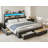 Bed Frame With Hidden Storage Headboard & Drawers, Upholstered Platform Bed With Led Lights, Type-C Charging Station, No Box Spring Needed, Solid Wood Slats-20985136-20985140