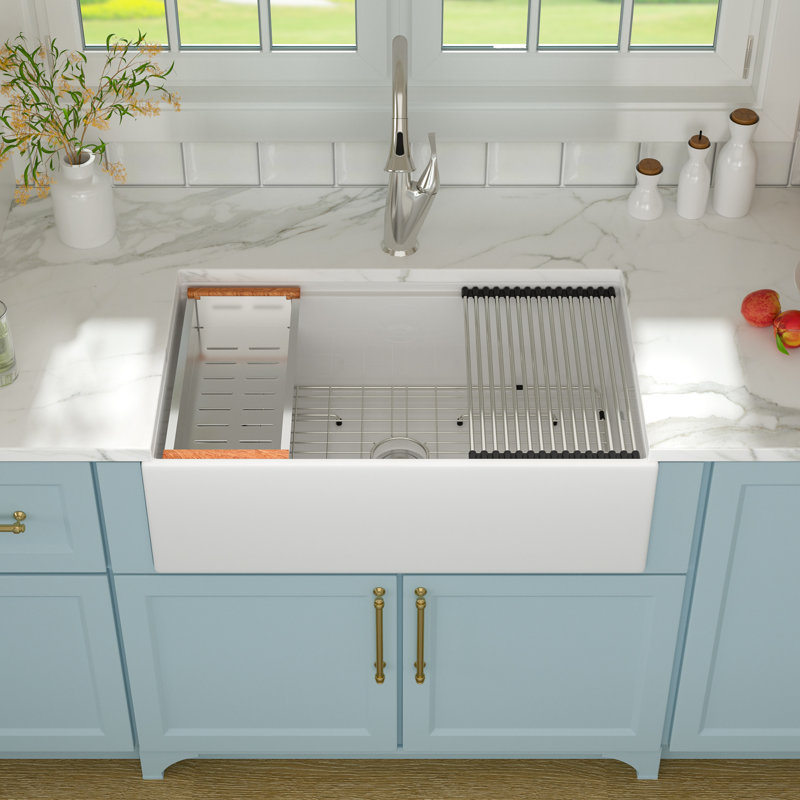 Évier de cuisine encastré à tablier frontal en céramique blanche 30 po x l 20 po, Silver Accessories