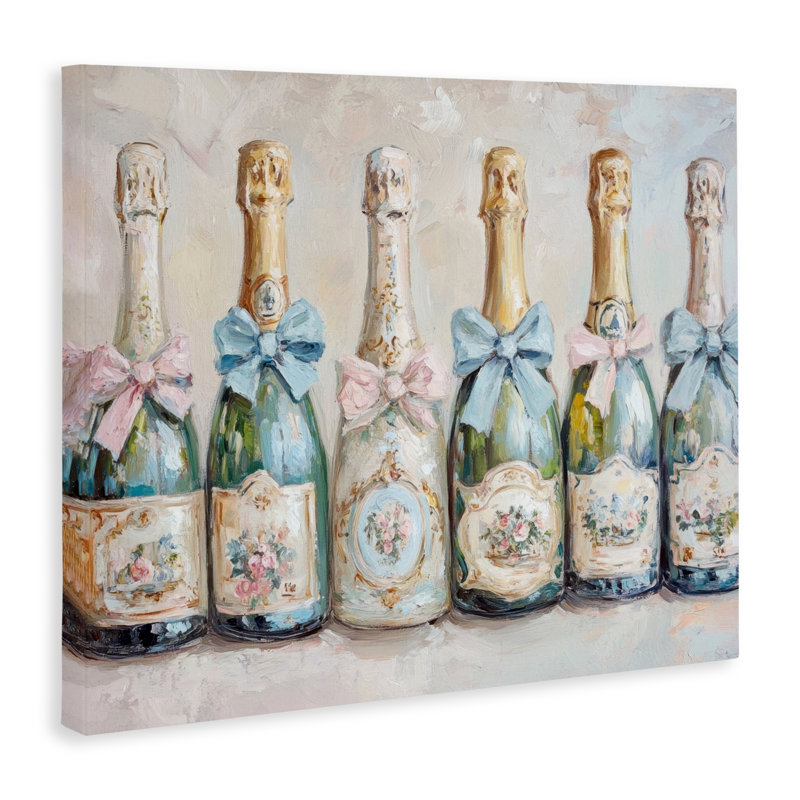Toile Victorian Bow Champagne Bottles, design par Petal Prints Design, H 24 po x l 30 po