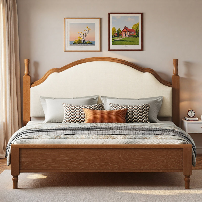 Lit plateforme en bois avec tête de lit tapissier et pieds robustes, Brun / beige, Très grand lit