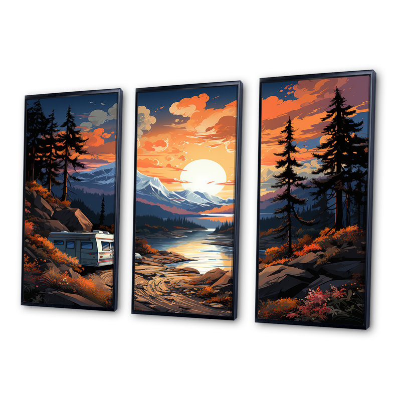 «Camping Van Charm At Sunset», ensemble d'art mural sur toile, Cadre flottant noir, H 40 po x l 60 po x P 1 po