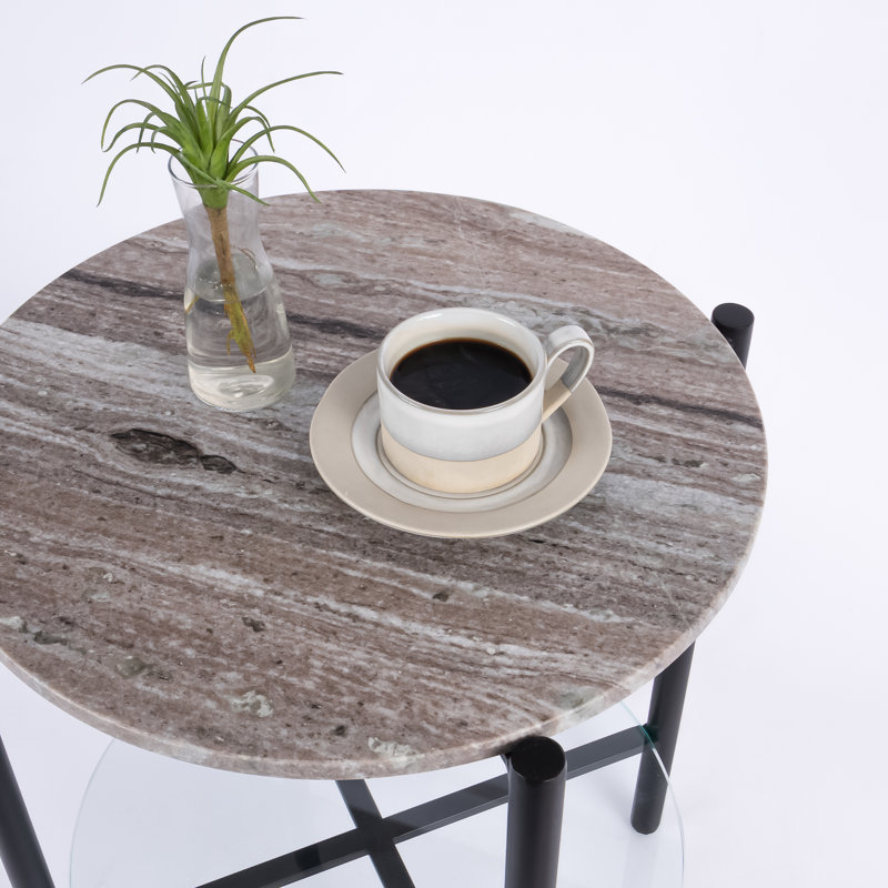 Ansted Marble/Glass Top End Table with Storage, Black, Brown