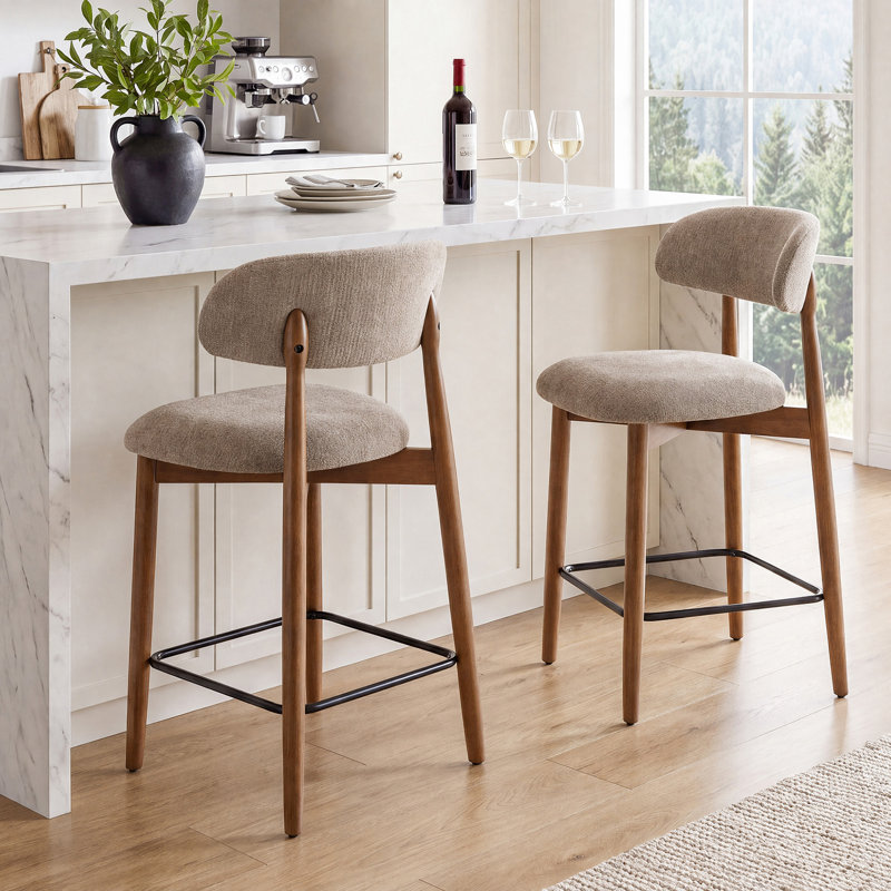 Chaise rembourrée en bois massif avec tabouret, Brun