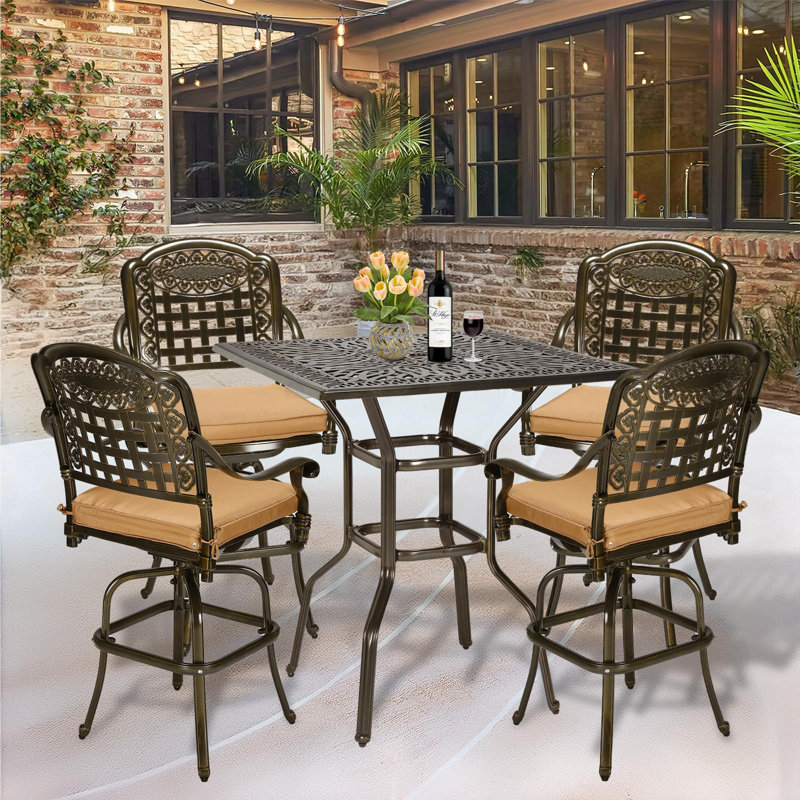 Canora 5-Piece Patio Swivel Bar Set, All-Weather Cast Aluminum Outdoor High Bar Stool Bistro Set For Backyard Garden W/ 4 Cushions Bar Chairs With Footrest And 35.4" Bar Table, 2.2" Umbrella Hole