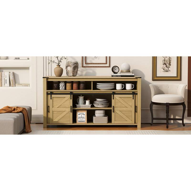 59.3 - Inch Sideboard With Sliding Barn Inspired Doors, Mesh , And Practical Storage Arrangement Style , Panels, Easy Reach Open