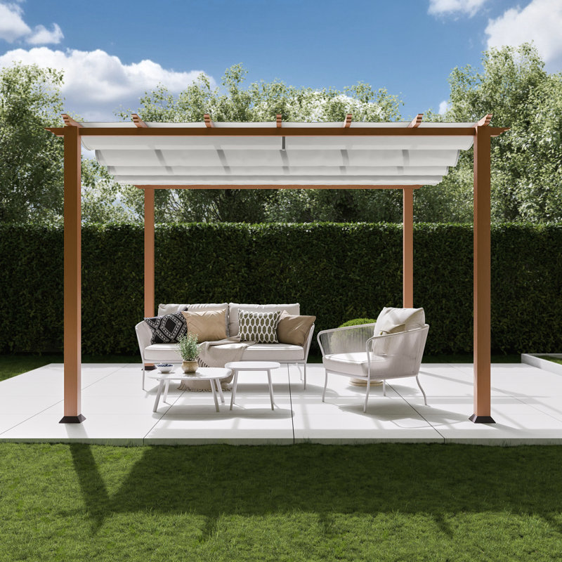Florence 11 ft. W x 11 ft. D Wood Grain Aluminum Pergola in Canadian Cedar with Convertible Canopy, White