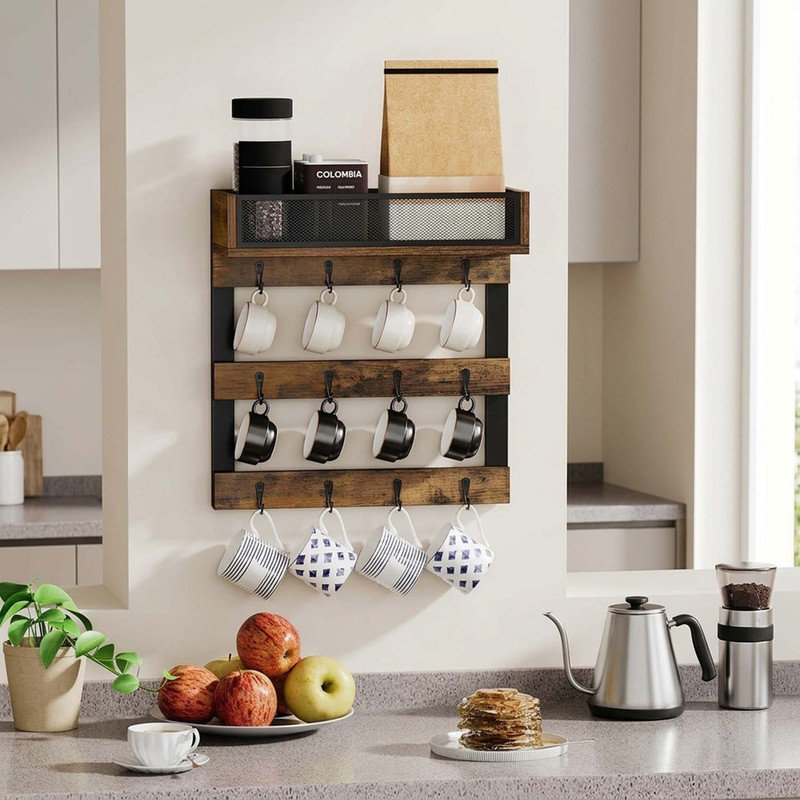 Coffee Mug Holder Wall Mounted with 12 Hooks and Top Shelf, Rustic Iron Mesh Cup Organizer for Kitchen Decor