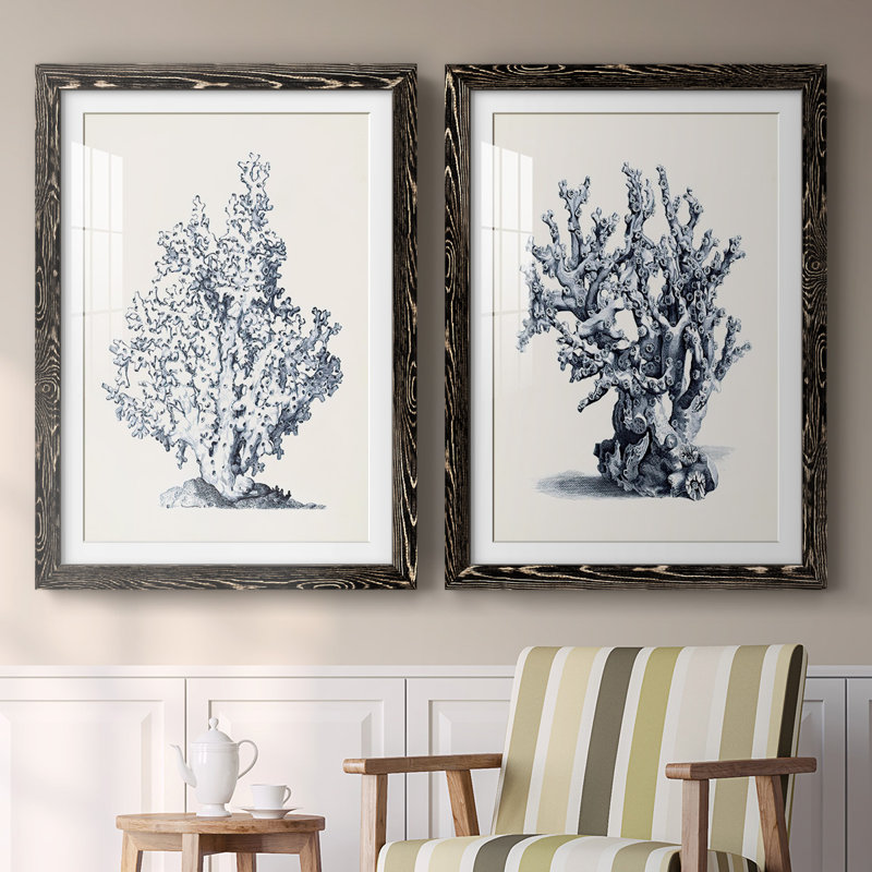 «Blue Antique Coral I-Premium», reproduction encadrée prête à être accrochée, H 31,5 po x l 88 po x P 1,5 po, Noir