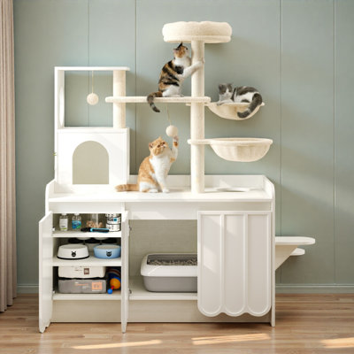 Cat Tree With Litter Box Enclosure, Adjustable Shelves, Dual Hammocks, Side Stairs, Hanging Toys And Sisal Scratching Posts