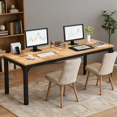 Bureau de direction pour deux personnes 78,8 pouces pour bureau à domicile, plateau en panneau de fibres à densité moyenne de couleur brune avec cadre en fer noir, poste de travail double spacieux