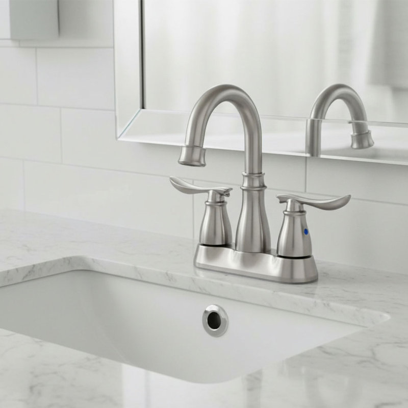 Double Handle Bathroom Sink Faucet with Drainer, Silver
