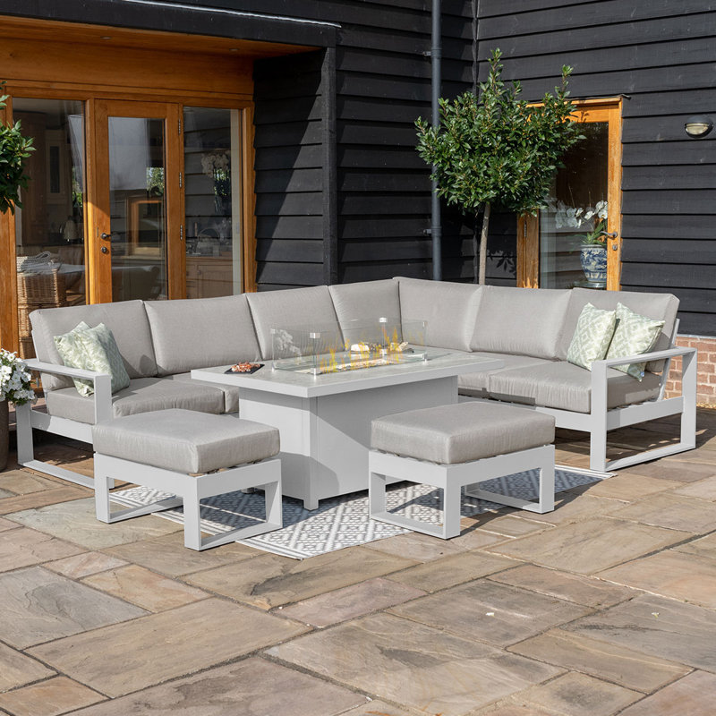 Hafza Large Aluminium Corner Dining Set - with Fire Pit Table & Footstools - White, White, Light Grey