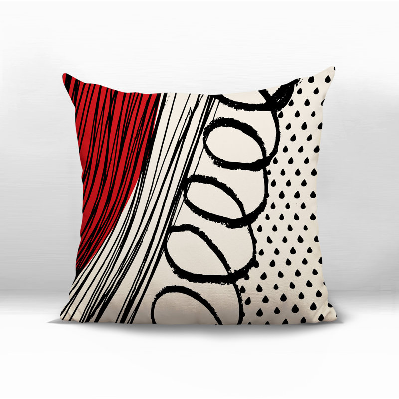 Oreiller carré réversible intérieur / extérieur Toba, H 15 po x l 15 po, Rouge / noir / blanc cassé abstrait