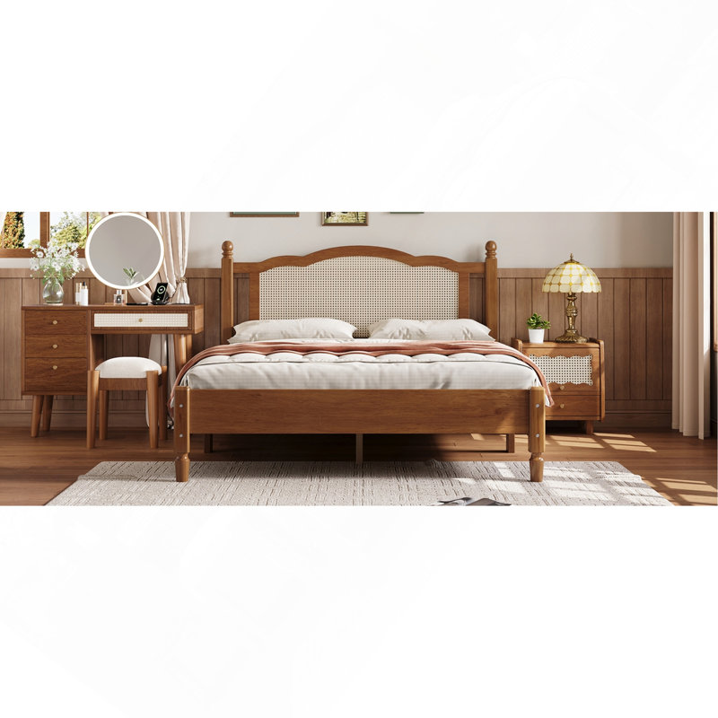 Lit plateforme en bois avec tête de lit grand en rotin, cadre de lit rétro avec support en lattes de bois, Noyer